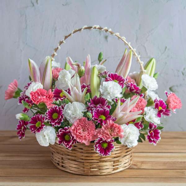 Bamboo Baskets Of Oriental Lilies, Spray Carnation And Chrysanthemum