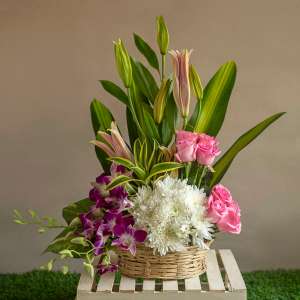 Basket of pink roses , white chrysanthemum ,orchids and pink lilies