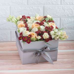 Beautiful Grey Box Of Tube Roses, Spray Carnations, White Roses And Peach Roses