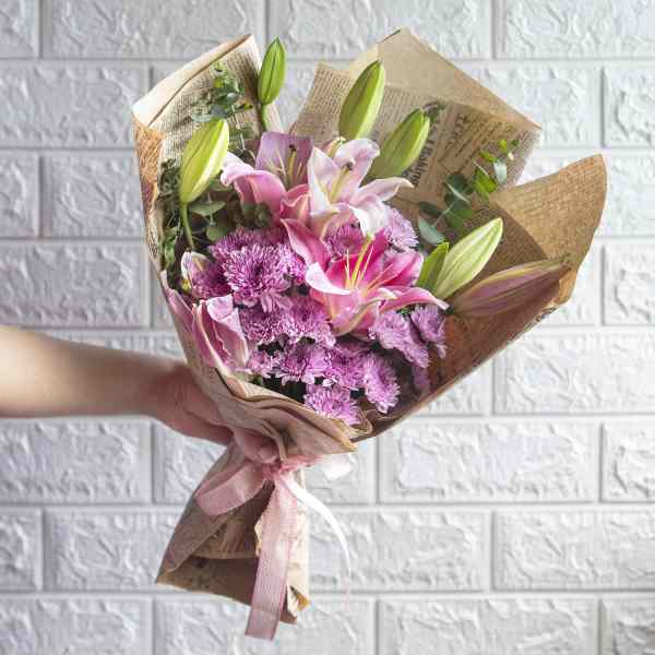 Beautiful Hand Bouquet Of Pink Lilium And Chrysanthemum