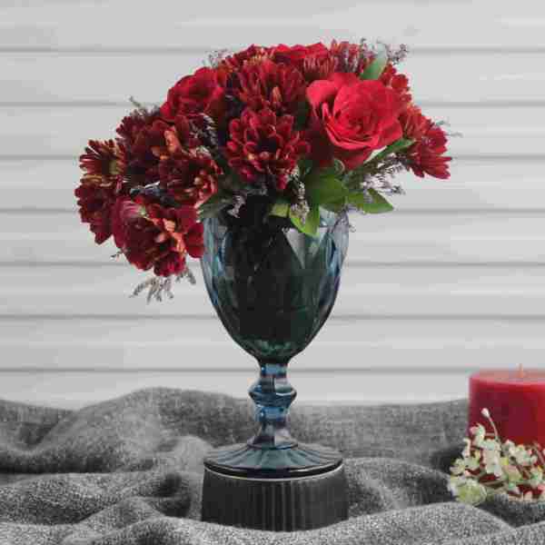 Blue Wine Glass With Red Chrysanthemum