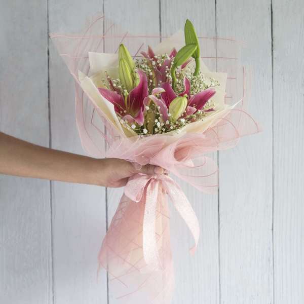 Hand Bouquet Of Pink Oriental Lilies
