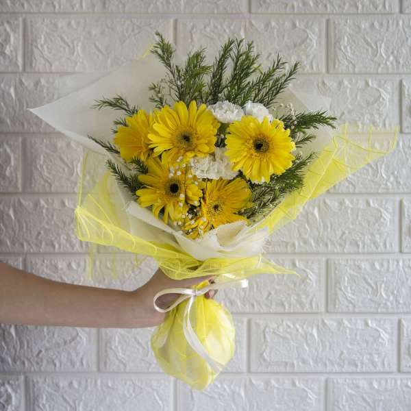 Hand Bouquet Of Yellow Gerberas With White Spray Carnation And Baby Breath