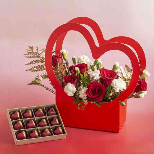 Love Handles Floral Arrangement With Red Roses And White Spray Carnations With Box Of 12 Heart Shape Raspberry Chocolates
