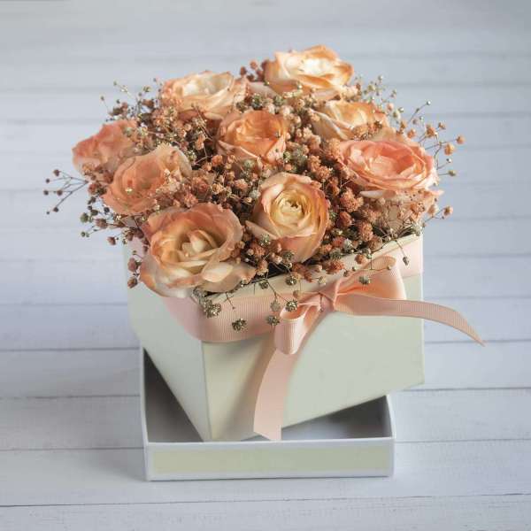 Peach Roses With Baby Breath In A Box