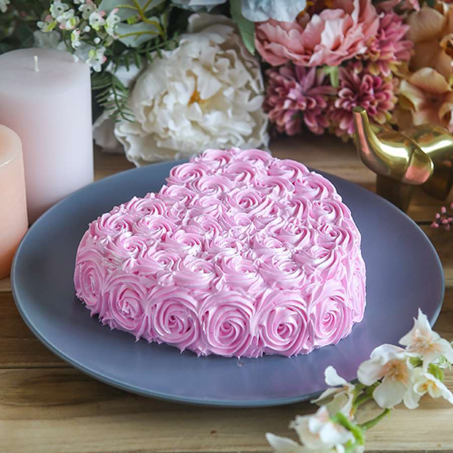 Chocolate Heart Shape Pink Swirl Cake Eggless