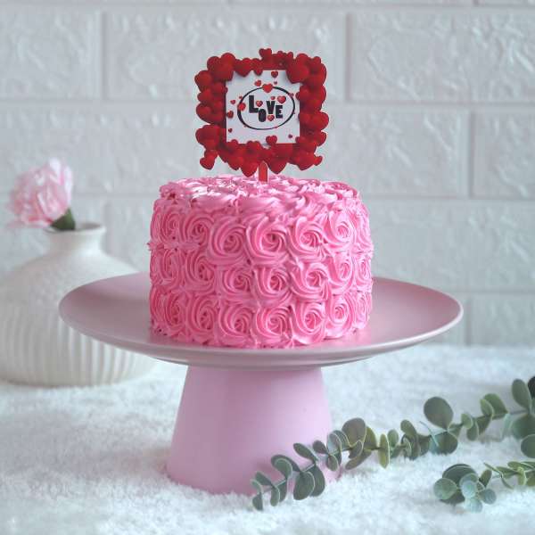 Pink Rosette Chocolate Cake Eggless 750gms With Love Hearts In Square Topper