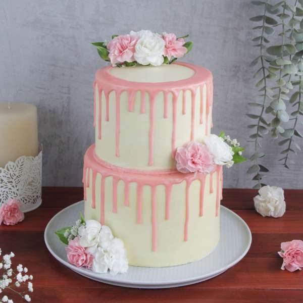 Two Tier Pink Frosting Cake With Fresh Flowers Eggless 3kg