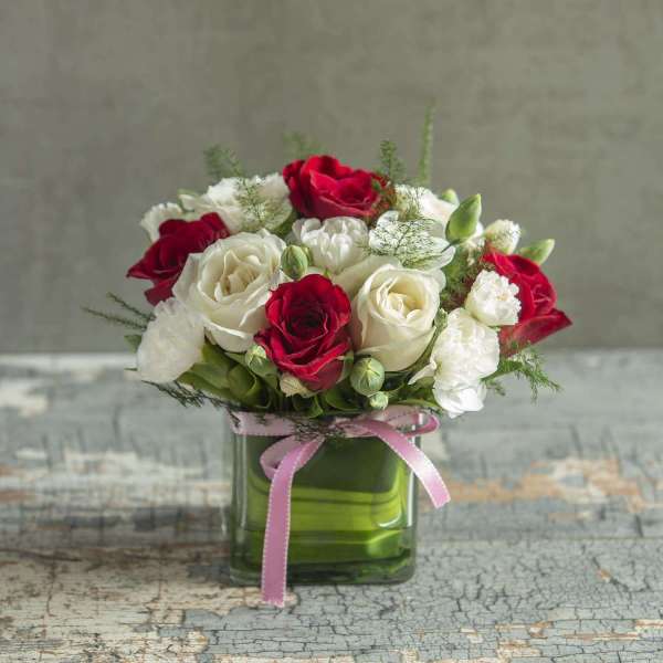 Vase Of Red And White Roses