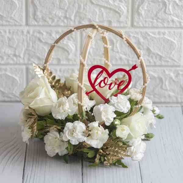 White Carriage With White Roses And White Spray Carnations With Love Topper