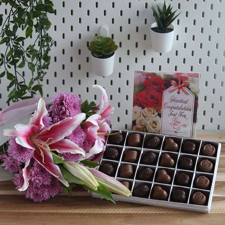 Box Of 24 Chocolate Pralines , Bouquet Of Lilies And Chrysanthemum And Congratulations Card