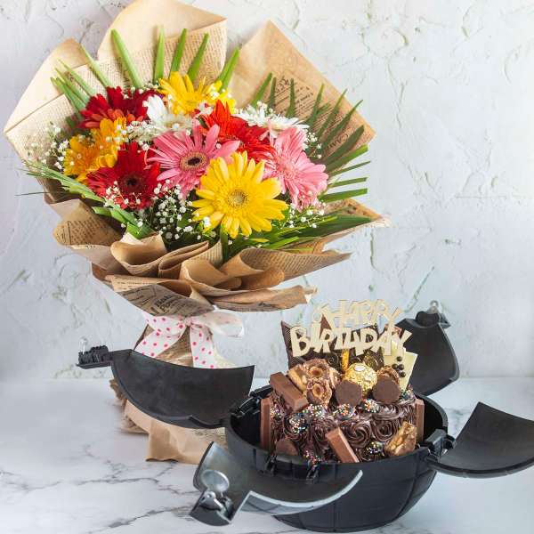 Chocoholics Overloaded Cake In A Bomb Shell With Birthday Topper And Gerbera Hand Bouquet